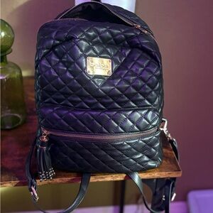 Bebe Quilted Black Backpack with Gold Accents